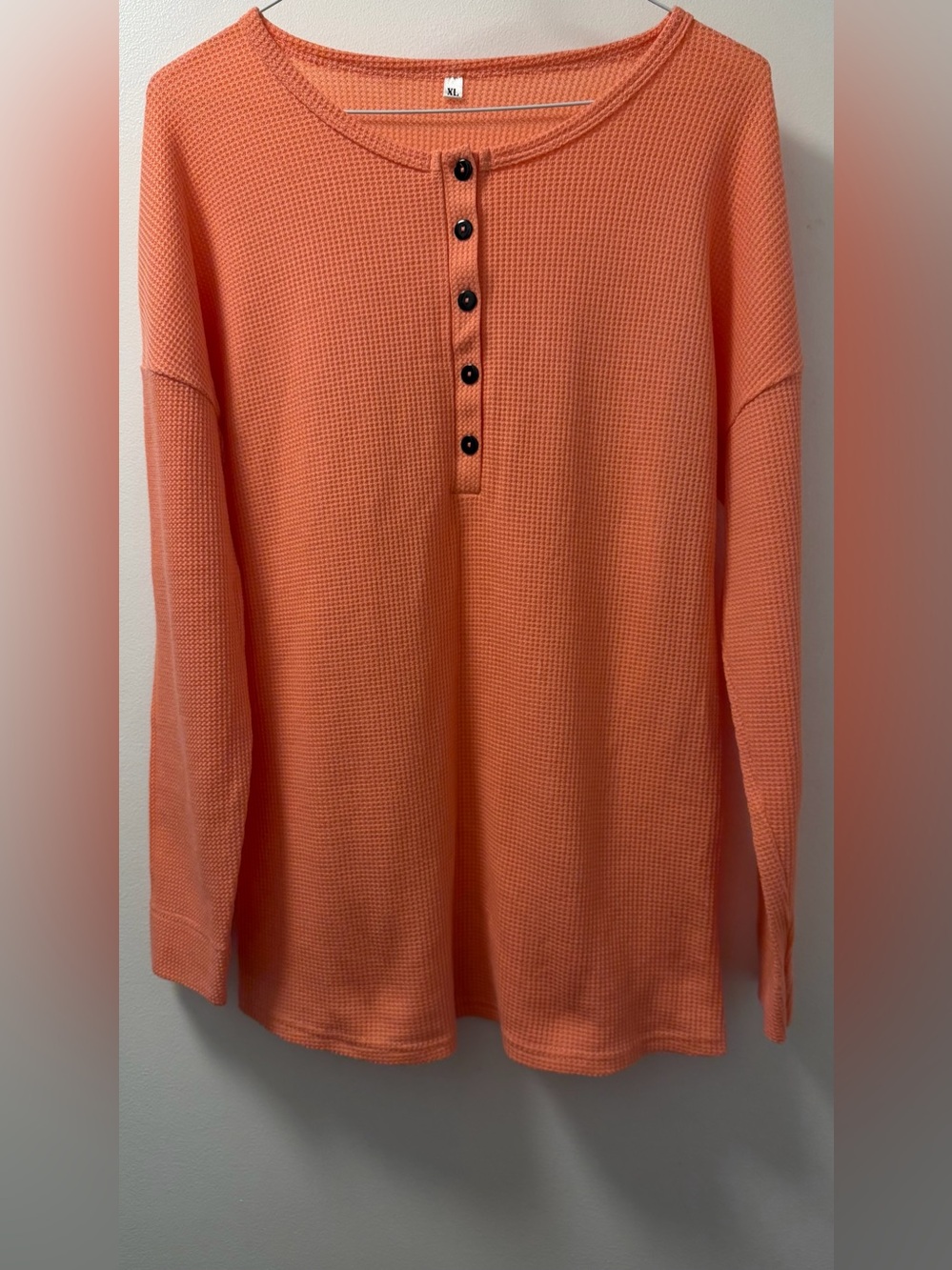Coral Orange Waffle-Knit Henley Long Sleeve Top XL
